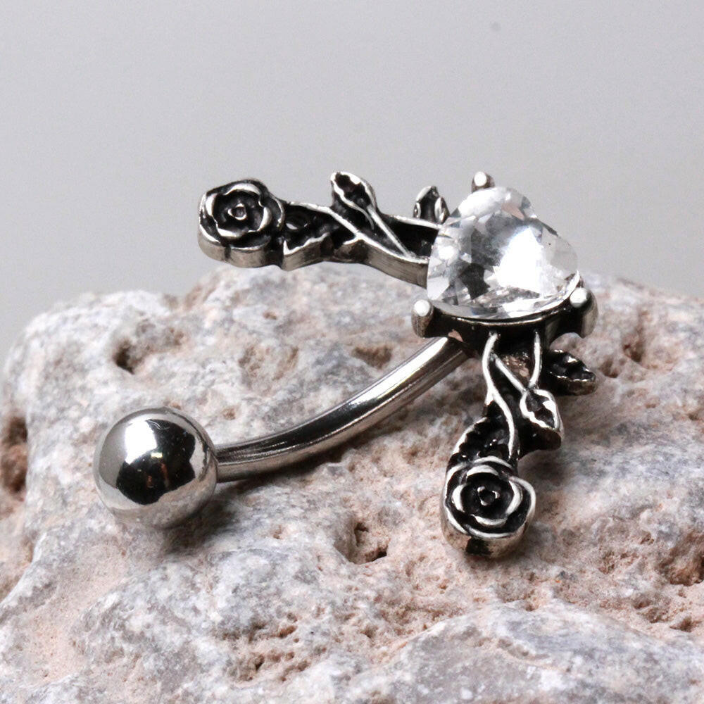 Stainless Steel Heart and Roses Top Down Navel Ring Belly Button Ring Impulse Piercings