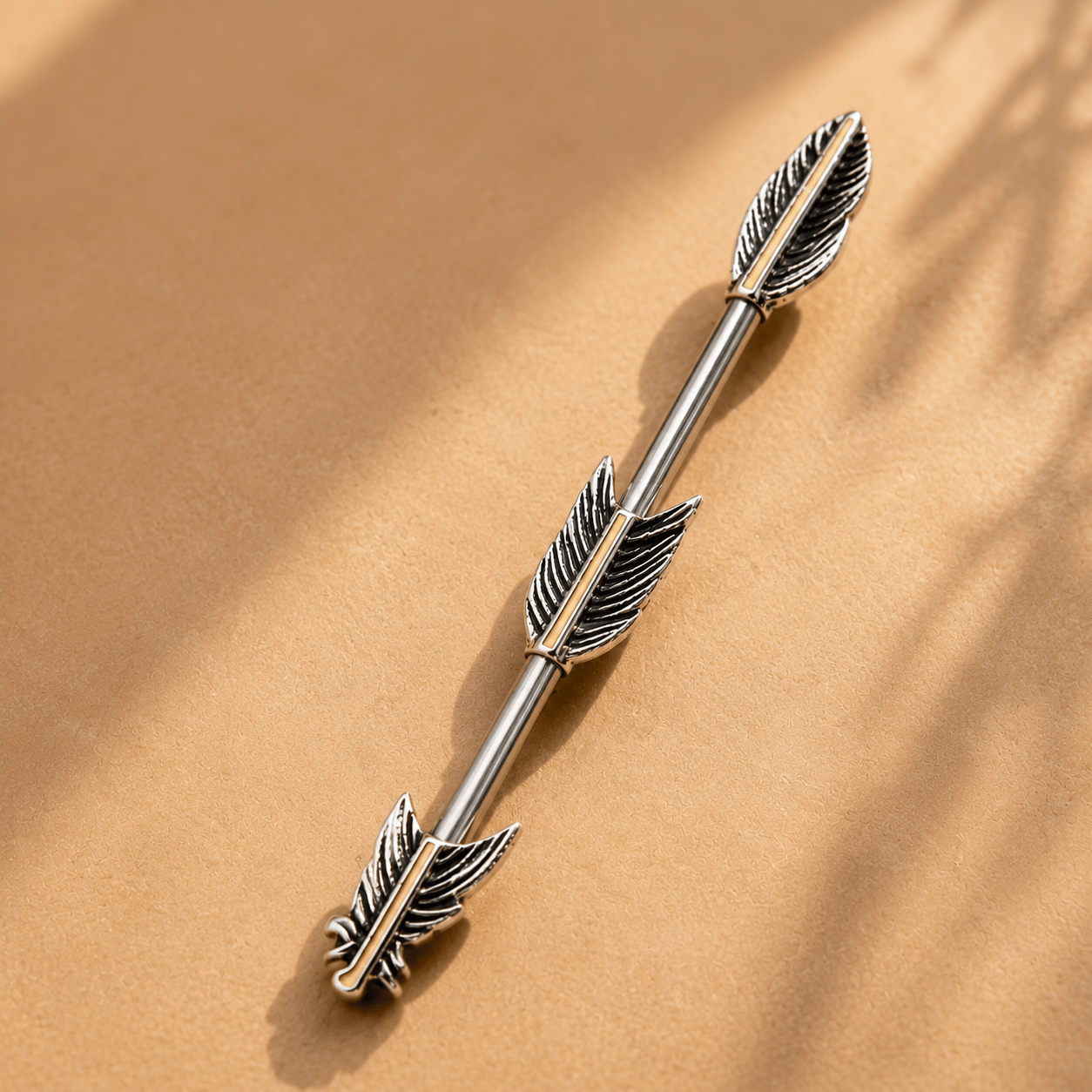 Stainless Steel Industrial Barbell with Golden Triple Tier Feathers - Skin Metals
