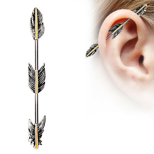 Stainless Steel Industrial Barbell with Golden Triple Tier Feathers Industrial Barbell Impulse Piercings