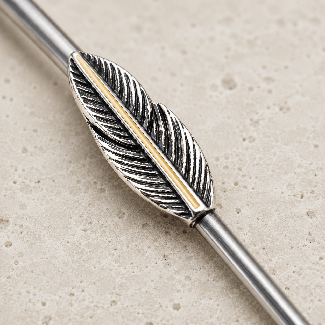 Stainless Steel Industrial Barbell with Golden Triple Tier Feathers - Skin Metals