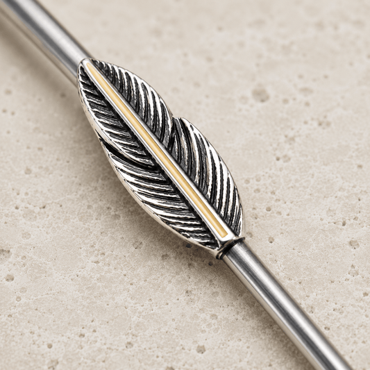 Stainless Steel Industrial Barbell with Golden Triple Tier Feathers - Skin Metals