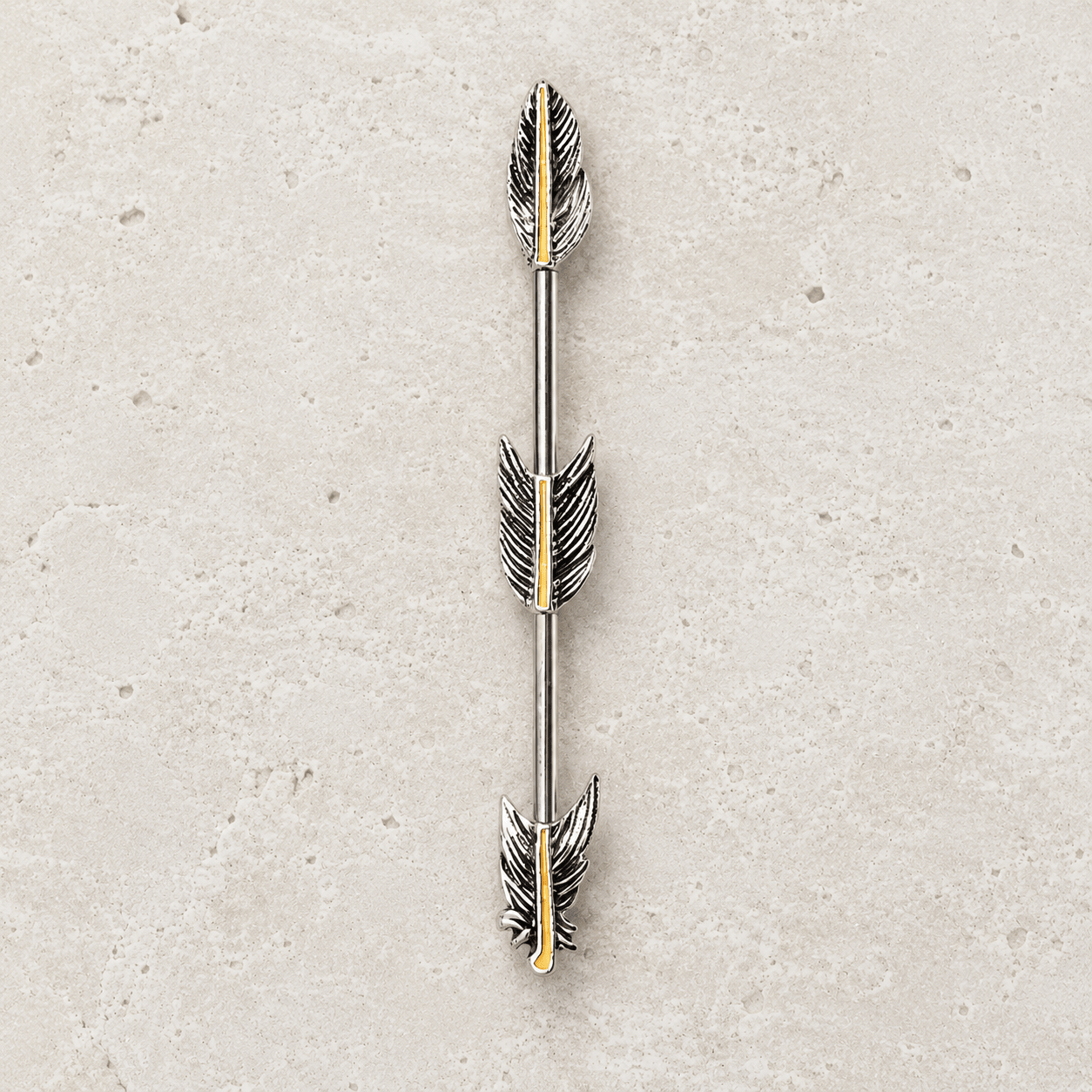 Stainless Steel Industrial Barbell with Golden Triple Tier Feathers - Skin Metals