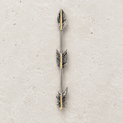 Stainless Steel Industrial Barbell with Golden Triple Tier Feathers - Skin Metals