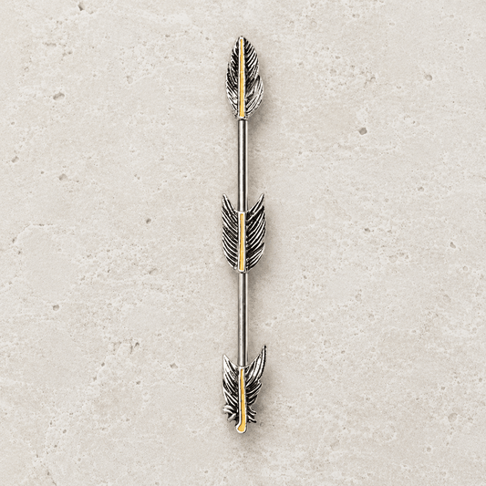 Stainless Steel Industrial Barbell with Golden Triple Tier Feathers - Skin Metals