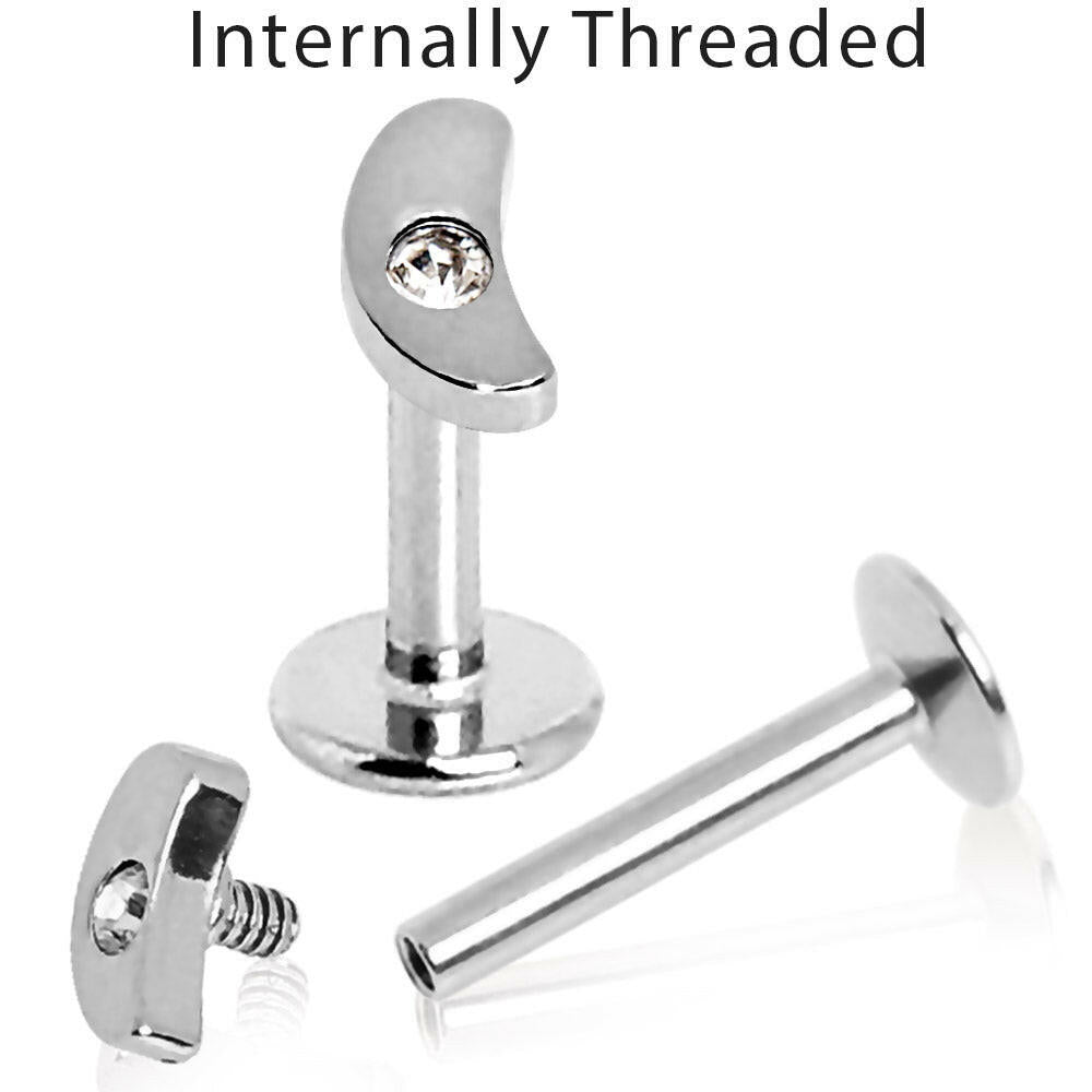 Stainless Steel Internally Threaded Jeweled Crescent Moon Labret