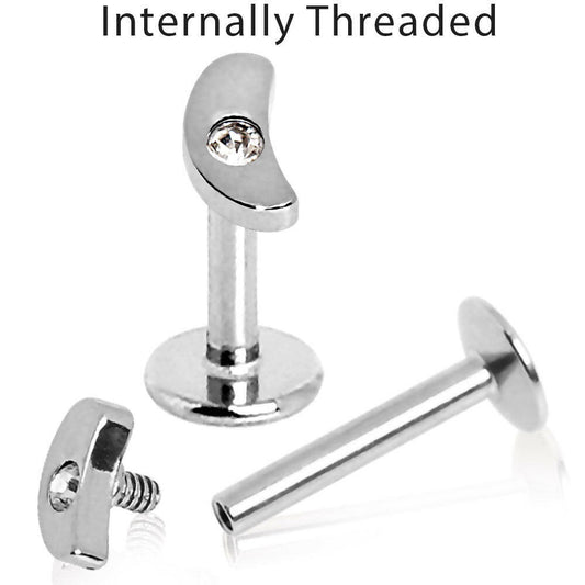 Stainless Steel Internally Threaded Jeweled Crescent Moon Labret