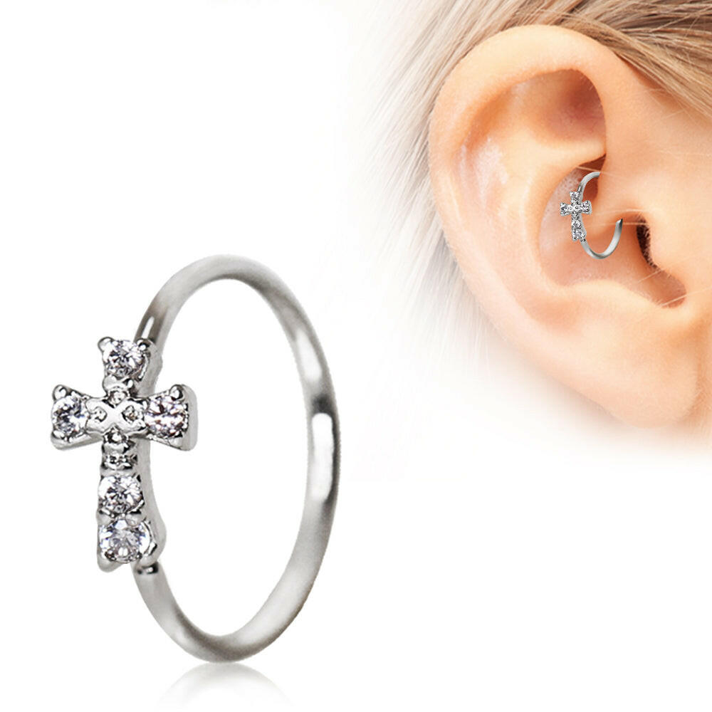 Stainless Steel Jeweled Cross Cartilage Earring / Nose Hoop Ring Nose Ring Impulse Piercings