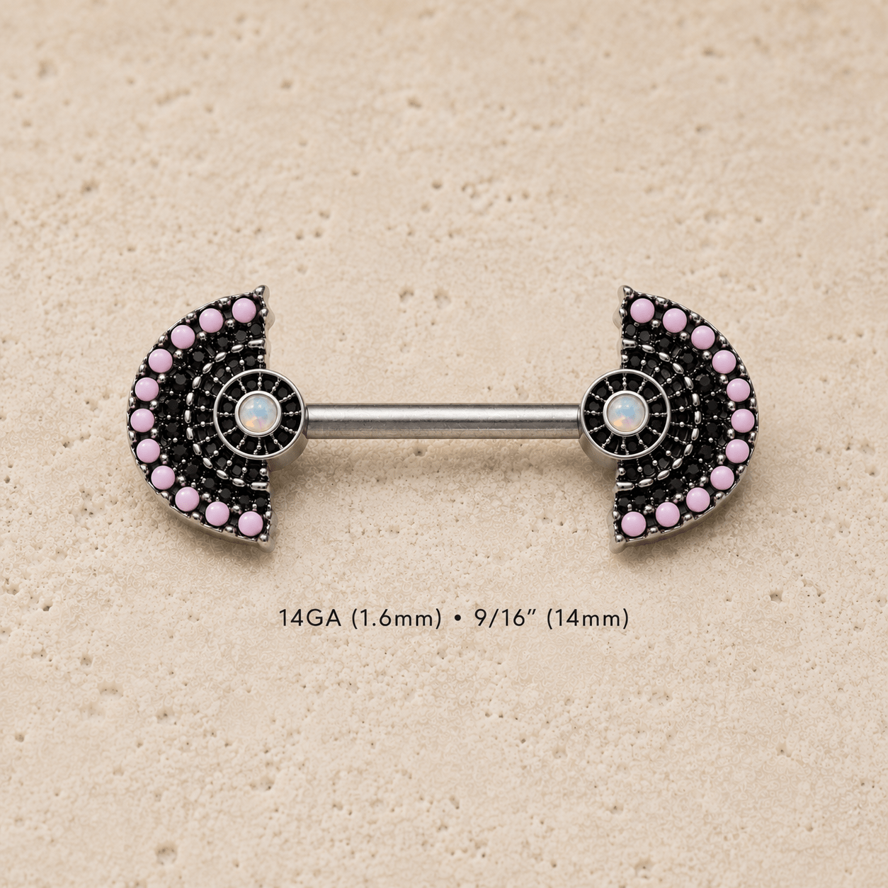 Jeweled fan body jewelry barbell pair close-up