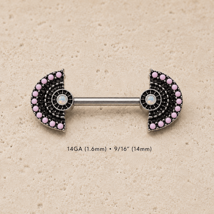 Jeweled fan body jewelry barbell pair close-up