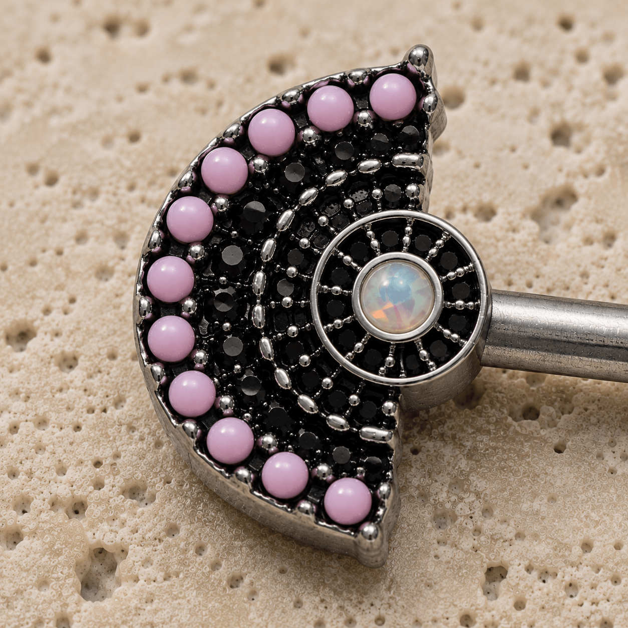 Jeweled fan body jewelry barbell pair side view