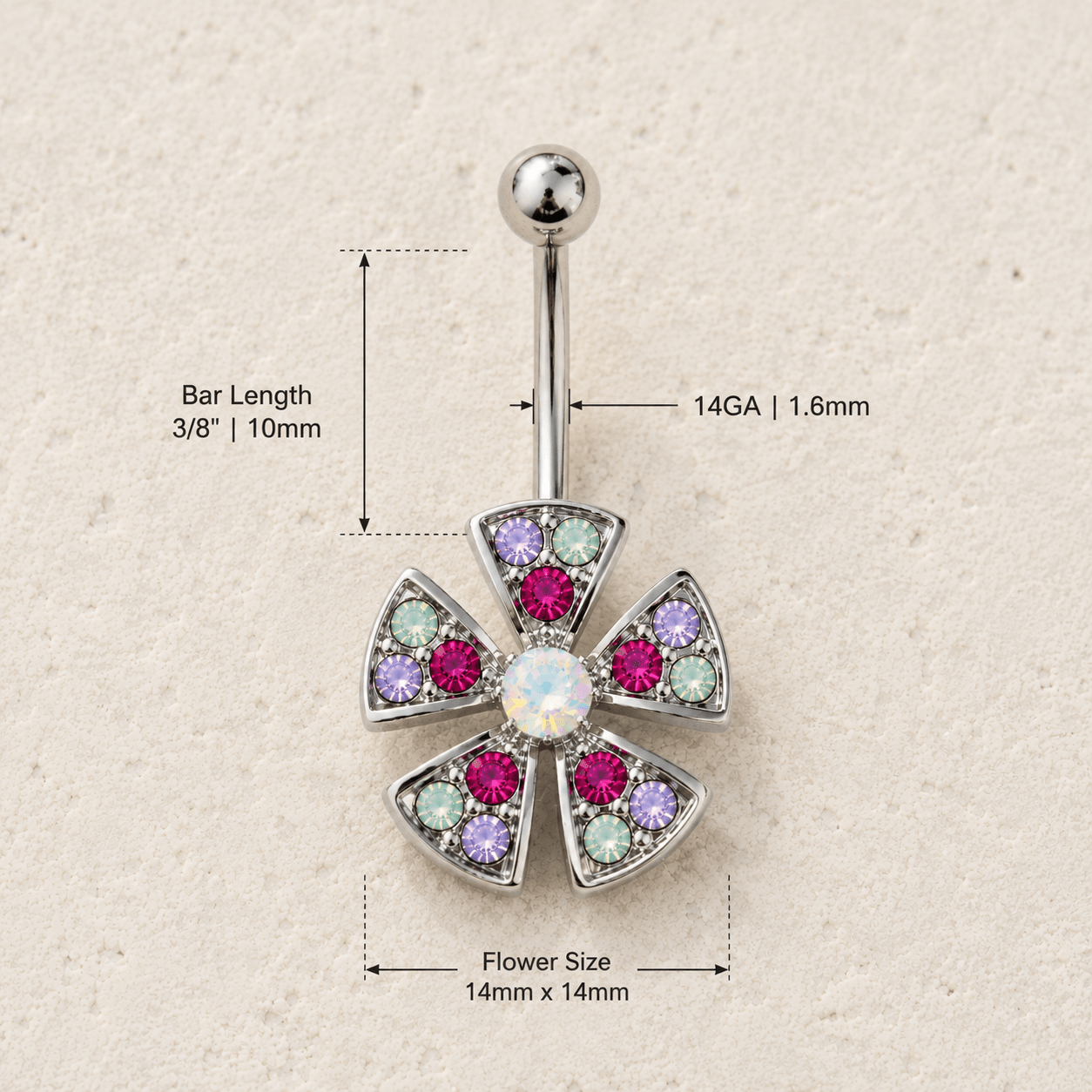 Stainless Steel Jeweled Fan Shaped Flower Navel Ring - Skin Metals