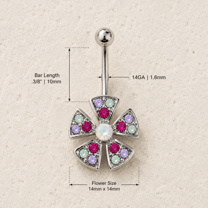 Stainless Steel Jeweled Fan Shaped Flower Navel Ring - Skin Metals