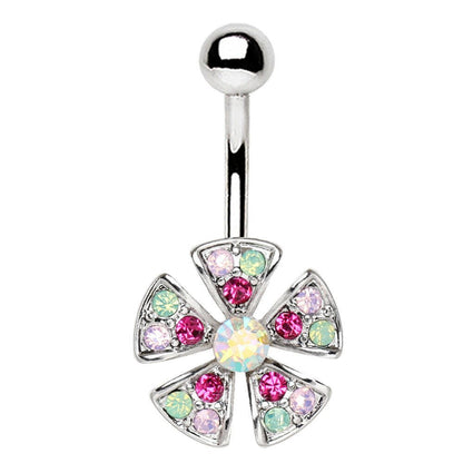 Stainless Steel Jeweled Fan Shaped Flower Navel Ring