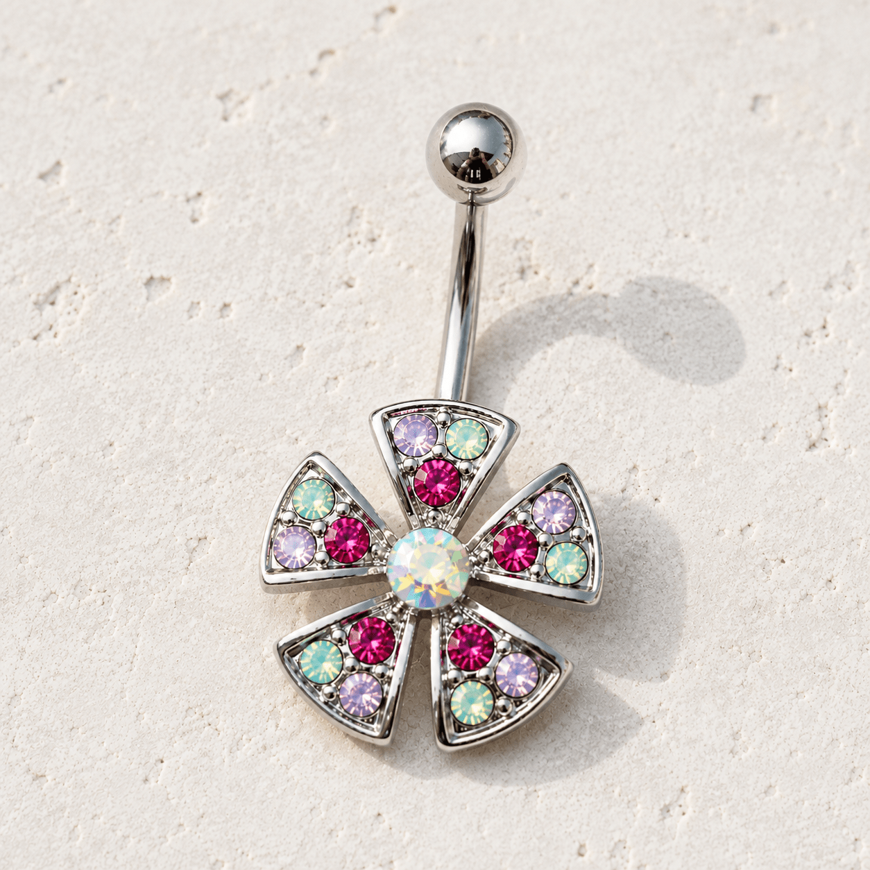 Stainless Steel Jeweled Fan Shaped Flower Navel Ring - Skin Metals