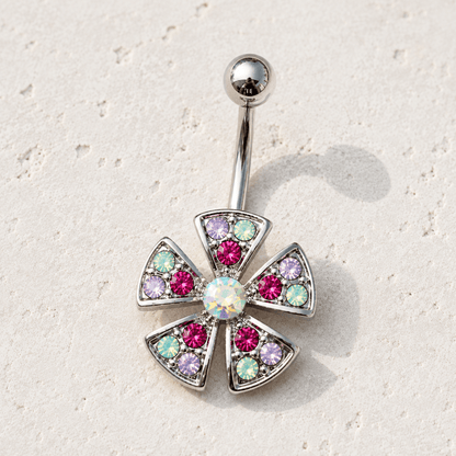 Stainless Steel Jeweled Fan Shaped Flower Navel Ring - Skin Metals