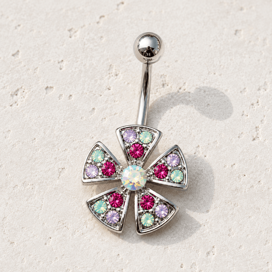 Stainless Steel Jeweled Fan Shaped Flower Navel Ring - Skin Metals