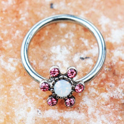 Stainless Steel Jeweled Flower Snap-in Captive Bead Ring / Septum Ring Septum Ring Impulse Piercings