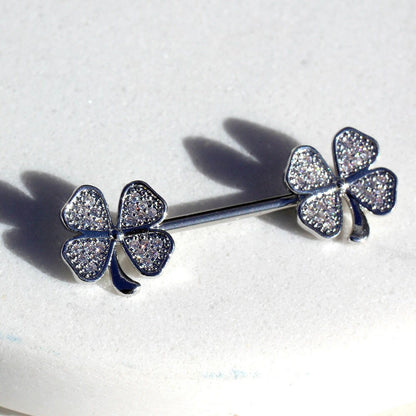 Stainless Steel Jeweled Glitzy Clover Leaf Nipple Bar Nipple Ring Impulse Piercings