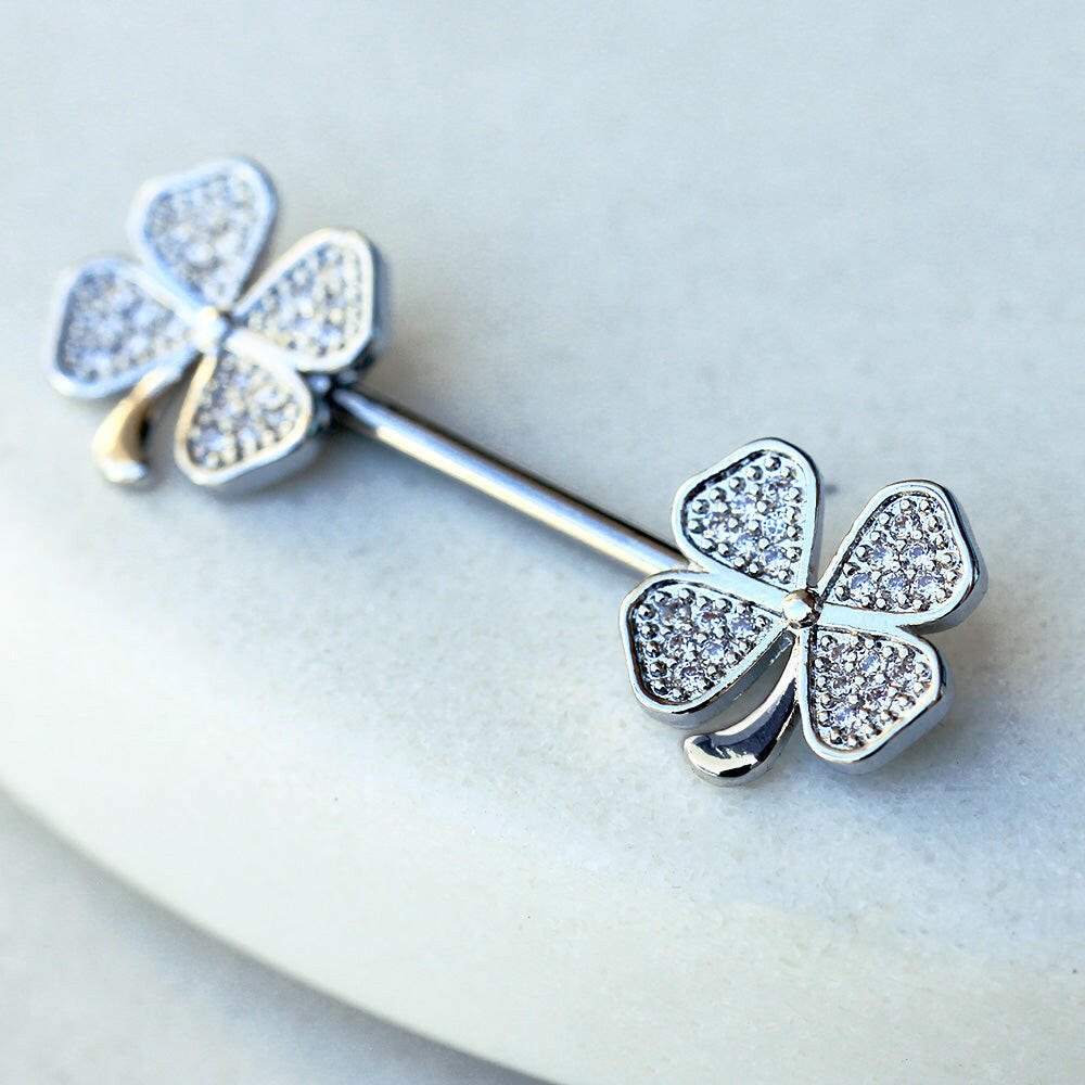 Stainless Steel Jeweled Glitzy Clover Leaf Nipple Bar Nipple Ring Impulse Piercings