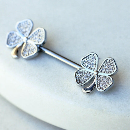 Stainless Steel Jeweled Glitzy Clover Leaf Nipple Bar Nipple Ring Impulse Piercings