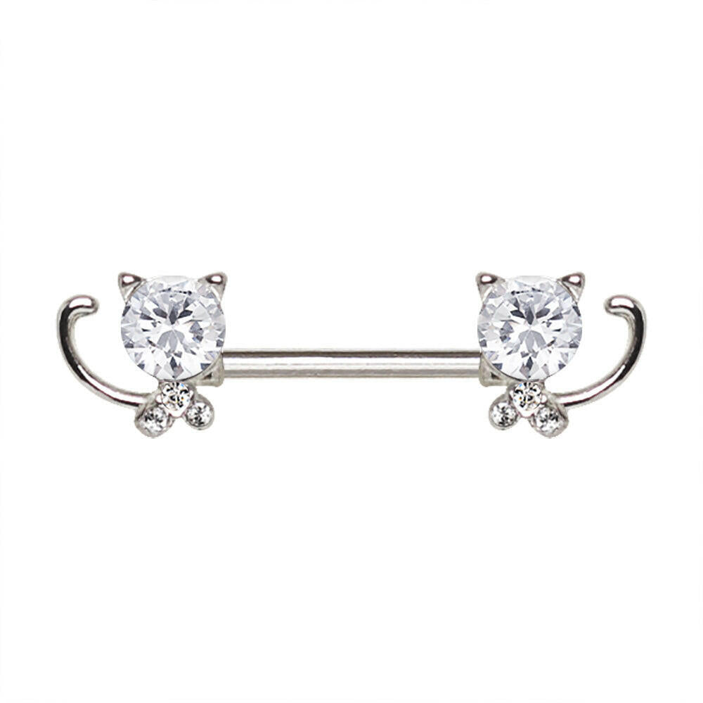 Stainless Steel Jeweled Kitty Cat Nipple Bar