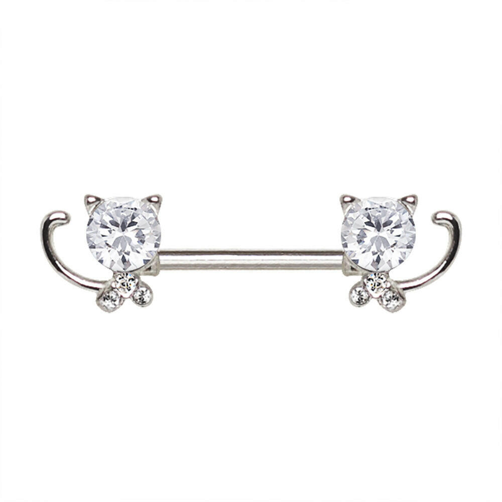 Stainless Steel Jeweled Kitty Cat Nipple Bar Nipple Ring Impulse Piercings