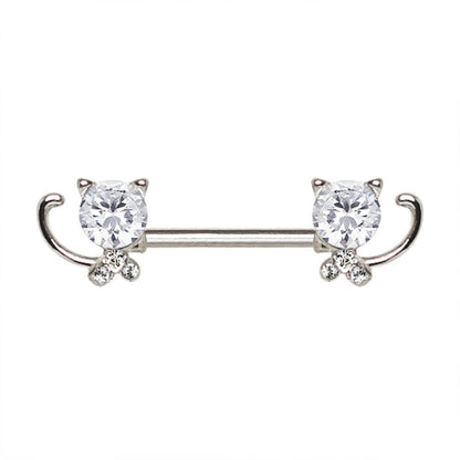 Stainless Steel Jeweled Kitty Cat Nipple Bar Nipple Ring Impulse Piercings