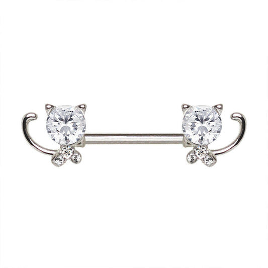 Stainless Steel Jeweled Kitty Cat Nipple Bar Nipple Ring Impulse Piercings