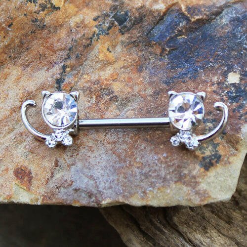 Stainless Steel Jeweled Kitty Cat Nipple Bar Nipple Ring Impulse Piercings