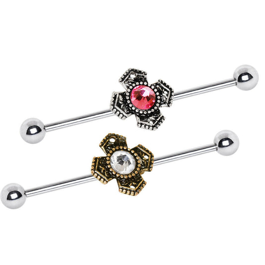 Stainless Steel Jeweled Medieval Cross Industrial Barbell