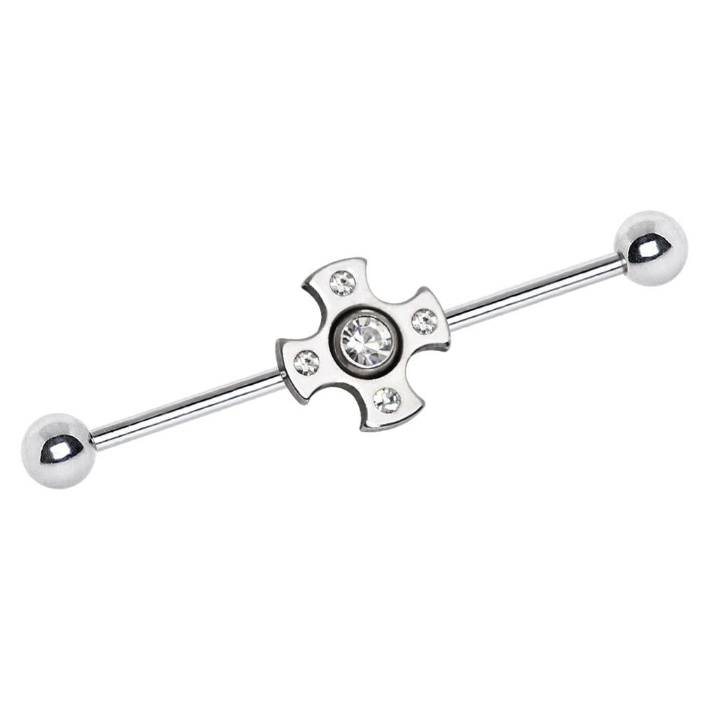 Stainless Steel Jeweled Medieval Cross Industrial Barbell