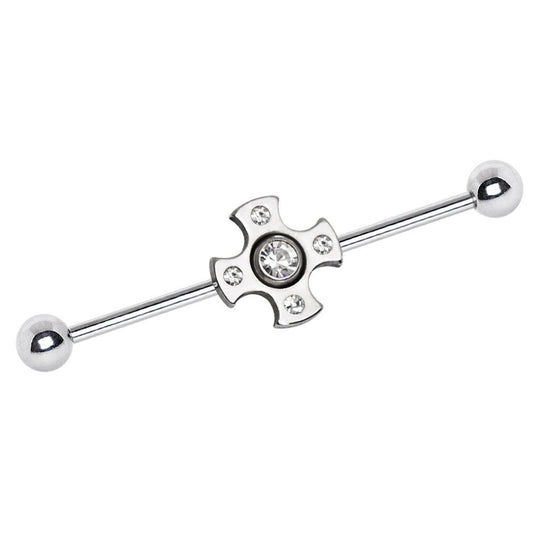 Stainless Steel Jeweled Medieval Cross Industrial Barbell