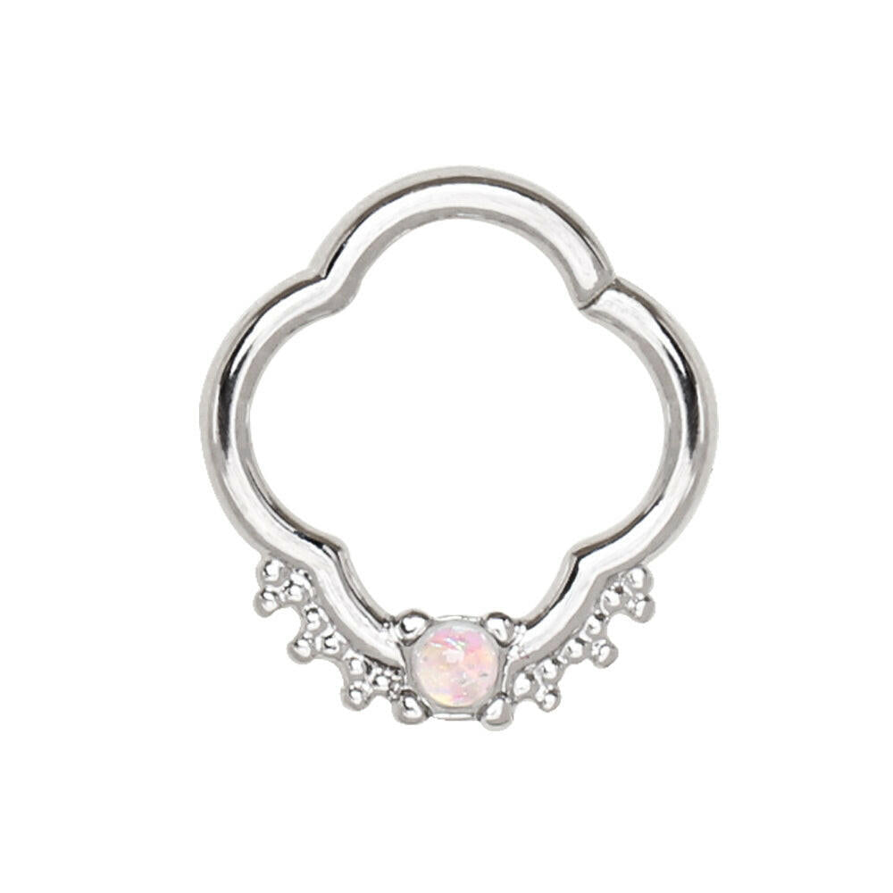 Opal quatrefoil captive bead ring on white background, 16G white synthetic opal 316L stainless steel septum ring