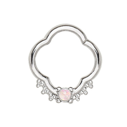Opal quatrefoil captive bead ring on white background, 16G white synthetic opal 316L stainless steel septum ring