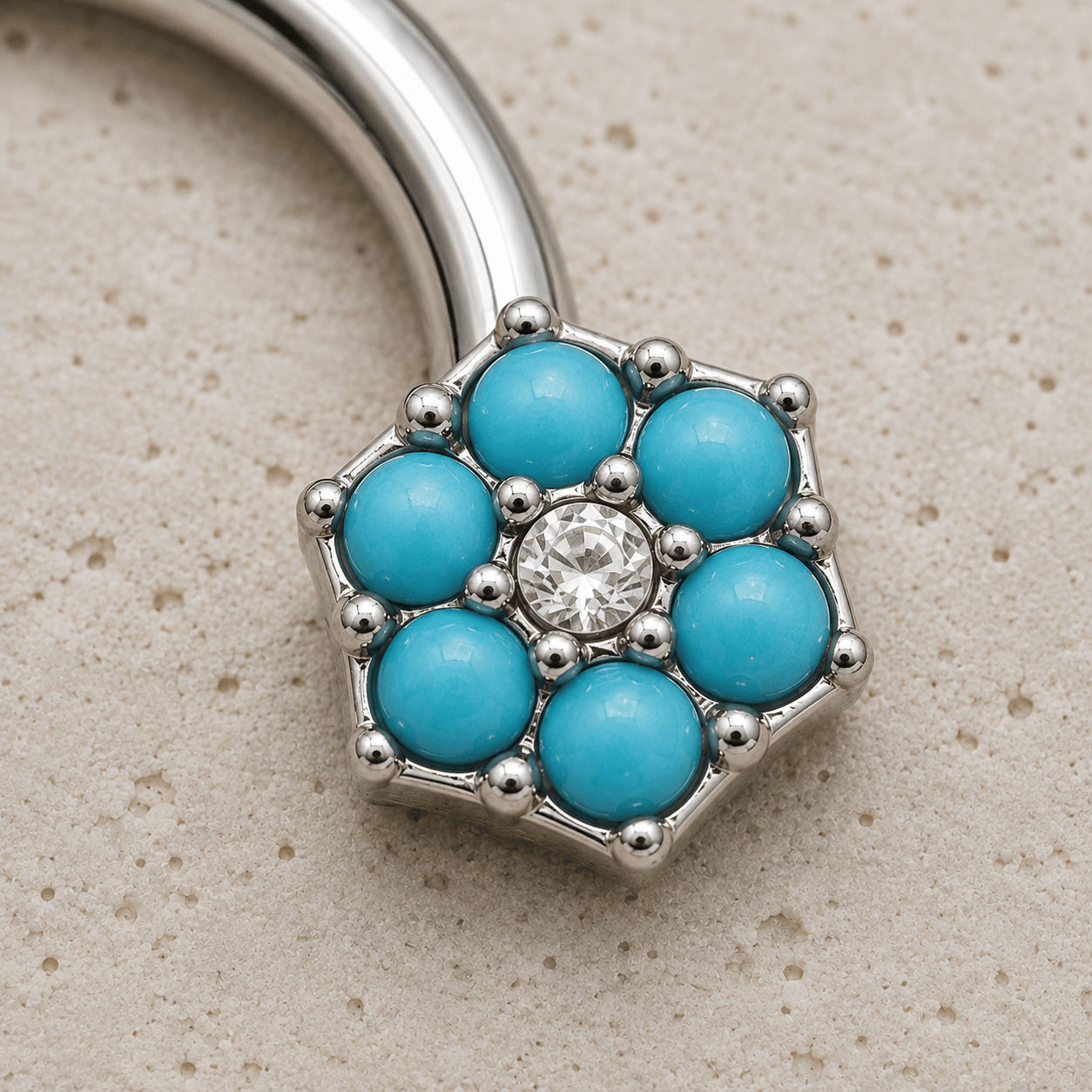 Stainless Steel Jeweled Teal Blue Flower Horseshoe - Skin Metals