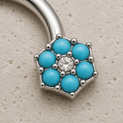 Stainless Steel Jeweled Teal Blue Flower Horseshoe - Skin Metals