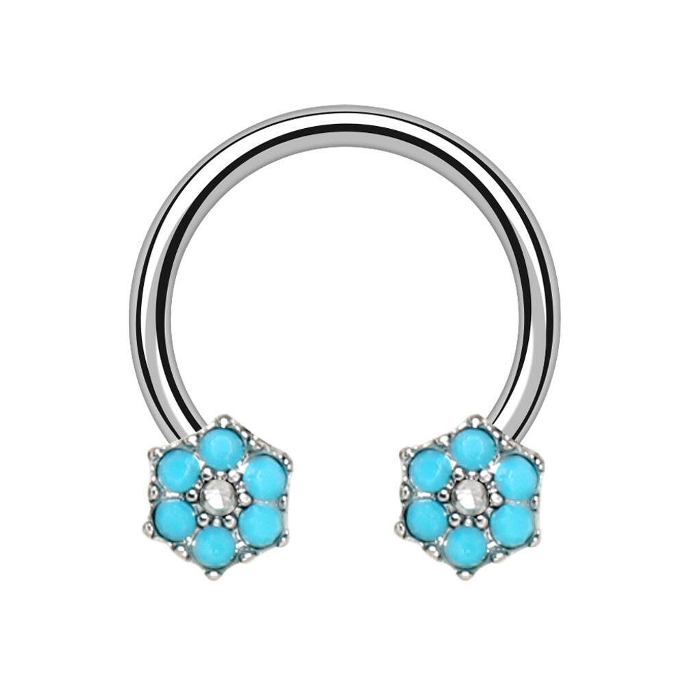 Stainless Steel Jeweled Teal Blue Flower Horseshoe Horseshoe Impulse Piercings