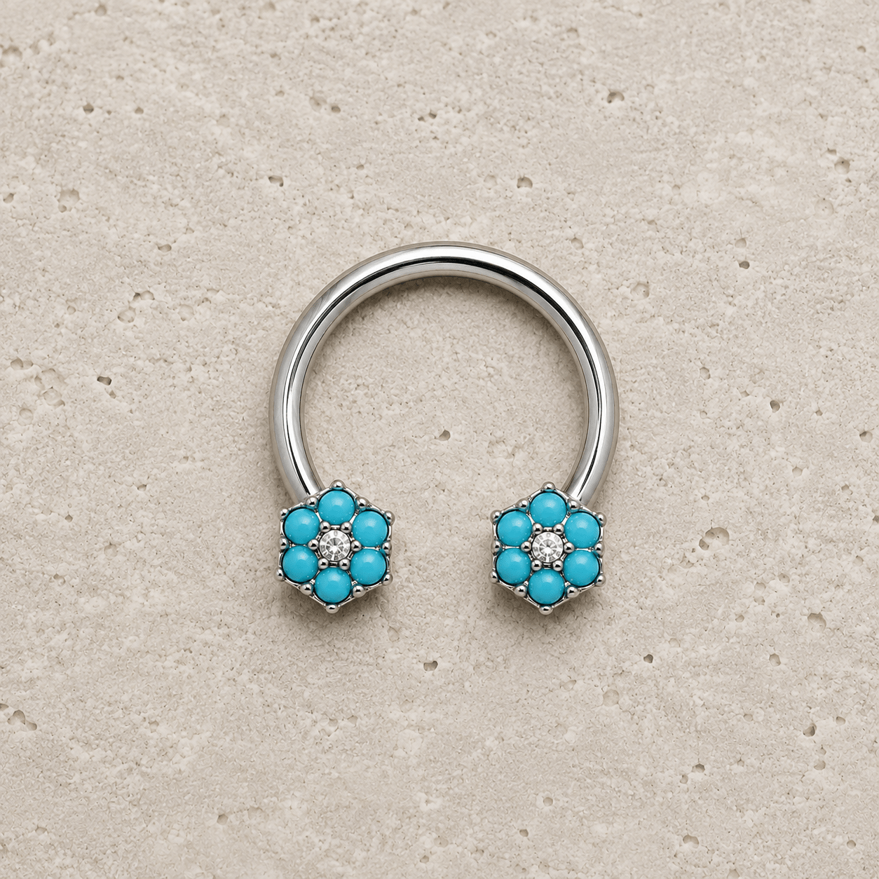 Stainless Steel Jeweled Teal Blue Flower Horseshoe - Skin Metals