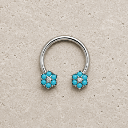 Stainless Steel Jeweled Teal Blue Flower Horseshoe - Skin Metals