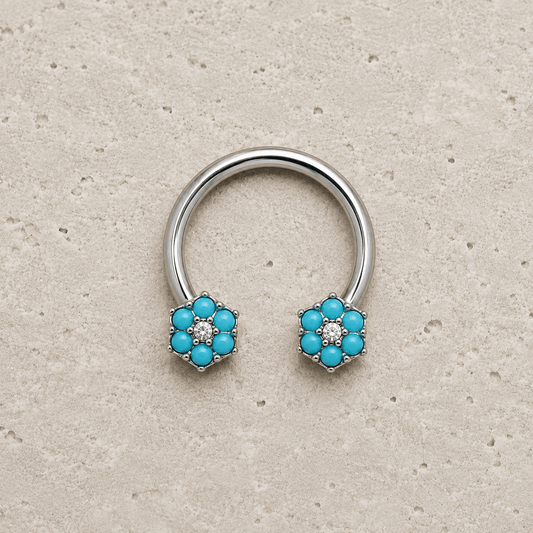 Stainless Steel Jeweled Teal Blue Flower Horseshoe - Skin Metals