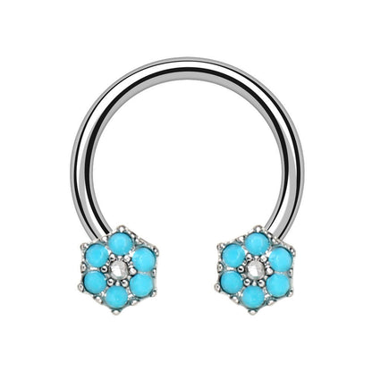 Stainless Steel Jeweled Teal Blue Flower Horseshoe
