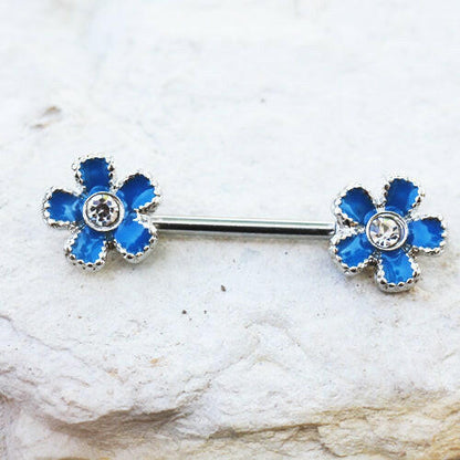 Stainless Steel Jeweled Teal Blue Flower Nipple Bar Nipple Ring Impulse Piercings