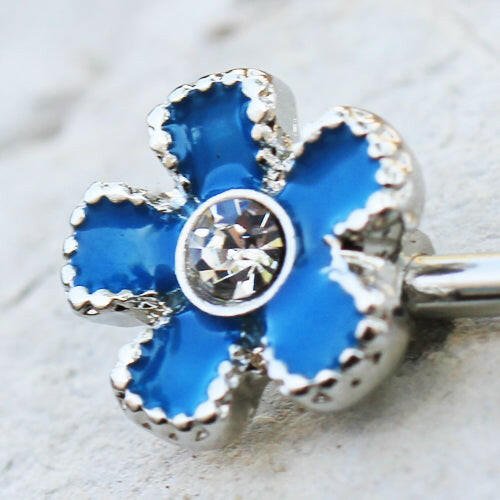 Stainless Steel Jeweled Teal Blue Flower Nipple Bar Nipple Ring Impulse Piercings