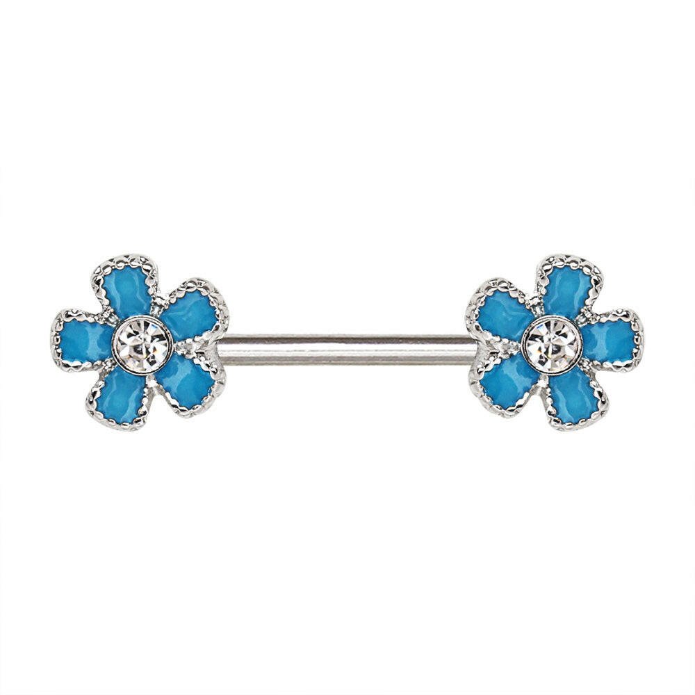 Stainless Steel Jeweled Teal Blue Flower Nipple Bar Nipple Ring Impulse Piercings