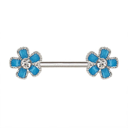 Stainless Steel Jeweled Teal Blue Flower Nipple Bar Nipple Ring Impulse Piercings