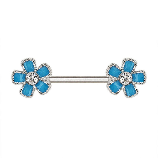 Stainless Steel Jeweled Teal Blue Flower Nipple Bar Nipple Ring Impulse Piercings