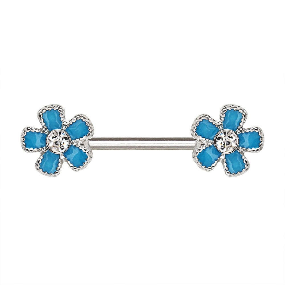 Stainless Steel Jeweled Teal Blue Flower Nipple Bar Nipple Ring 