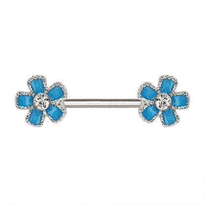 Stainless Steel Jeweled Teal Blue Flower Nipple Bar Nipple Ring 