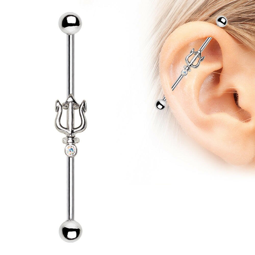 Stainless Steel Jeweled Trident of Poseidon Industrial Barbell Industrial Barbell Impulse Piercings