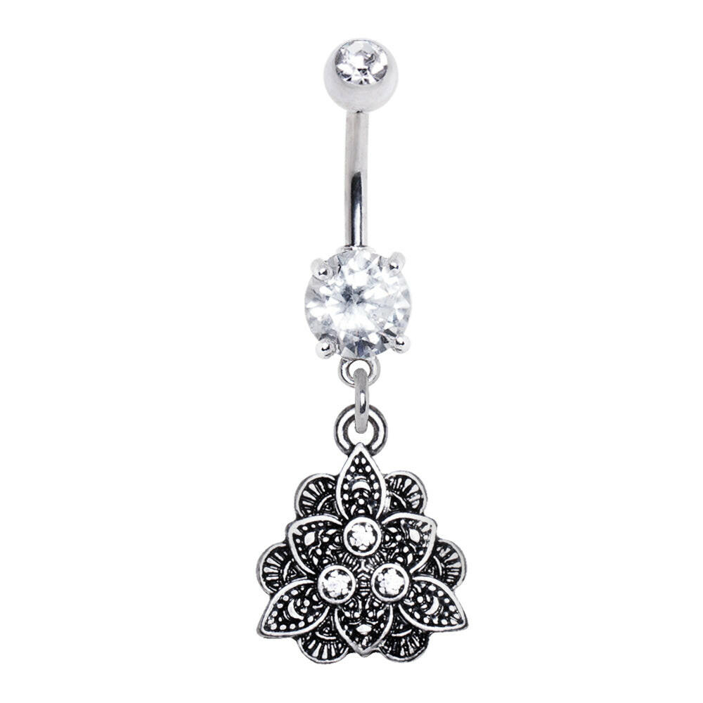 Stainless Steel Jeweled Vintage Lotus Dangle Navel Ring Navel Ring Impulse Piercings